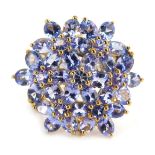 A 9ct gold tanzanite dress ring, the ring head set with arrangement of seven floral clusters each st