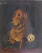 Late 19thC/Early 20thC School. Study of two dogs, Bloodhound and West Highland Terrier, seated on a