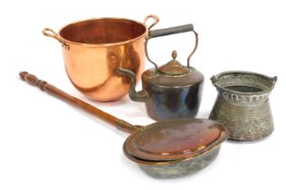 A group of copper ware, to include a two handle bowl, 33cm wide, warming pan, kettle, etc. (a quanti