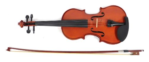 A 20thC Windsor violin, two piece back, 56cm long, with bow, in case.