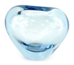 A Holmegaard by Per Lutken studio glass vase, modelled as a heart in blue, signed to underside Holme