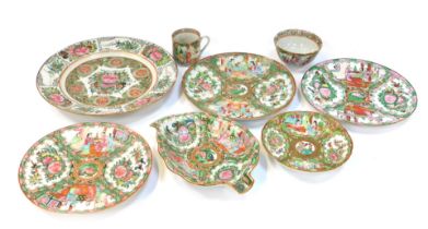 A group of 20thC Chinese famille rose porcelain, to include plate, 25cm diameter, coffee cup and sau