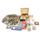 A quantity of pre decimal, decimal and world coinage, commemorative crowns, Elizabeth II two pence a