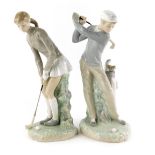 A pair of Lladro porcelain figures, modelled as a male and female golfer, printed marks, 27cm high.