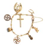 A charm bracelet, with spherical bead and oblong bar bracelet, set with numerous charms, to include