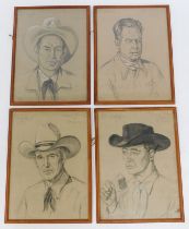 Edward Hurst (20thC School). Four charcoal studies depicting gentlemen in Western outfits, titled Ha