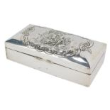 A late Victorian silver cigarette box, of rectangular form, the hinged lid embossed with a scene dep