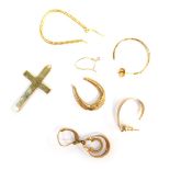 A group of assorted 9ct gold and other earrings, comprising crucifix, single hoops, plated hoops, et