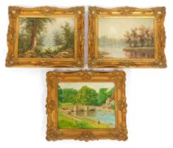 20thC School. Three oils on canvas, comprising river scene, signed Beck, 29cm x 39cm, woodland scene