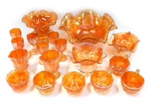 A group of carnival glass, orange colour way, to include bowl, 30cm diameter, pedestal bowl, 19cm di