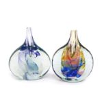 Two Isle of Wight glass 'Lollipop' vases, one with blue, yellow and red interior decoration, 16.5cm