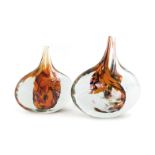 Two Isle of Wight glass 'Lollipop' vases, in mottled orange, black and red, interior swirls, one bea