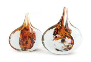 Two Isle of Wight glass 'Lollipop' vases, in mottled orange, black and red, interior swirls, one bea