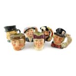 Six Royal Doulton character jugs, comprising Mad Hatter D5602, The Trapper D6612, Pearly Queen D6843