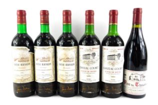 Six bottles of vintage red wine, comprising Chateau Beauvallon Bordeaux 1976 (x3), Chateau Coubet 19