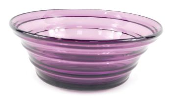A Whitefriars aubergine coloured glass bowl, of tapering ribbed form, pattern number 9054, 22cm diam