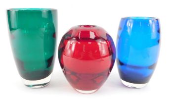 A Whitefriars ruby coloured glass vase, of ovoid form with ribbed banding, pattern number 9584, 14cm