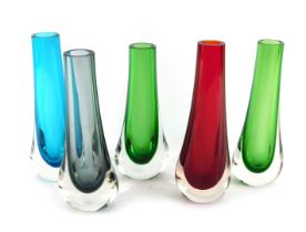 Five Whitefriars 'Teardrop' vases, designed by Geoffrey Baxter, in kingfisher blue, pewter, meadow g