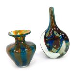 Two pieces of Mdina glass, of cylindrical tapering form with flared neck, decorated in alternating c