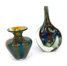 Two pieces of Mdina glass, of cylindrical tapering form with flared neck, decorated in alternating c