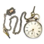 A Victorian silver pocket watch, with white enamel Roman numeric dial, gold hands and seconds dial,