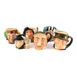 Six Royal Doulton character jugs, comprising Jester, Paddy, The Falconer D6540, Athos D6452, Tam O'S