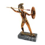 A 20thC copper figure of a Greek Warrior, holding javelin and shield, on a marble rectangular base,