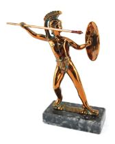 A 20thC copper figure of a Greek Warrior, holding javelin and shield, on a marble rectangular base,