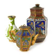 Three miniature items of Japanese cloisonne, comprising a jar and cover, 9cm high, teapot, 4.5cm hig