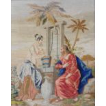 A 19thC biblical related embroidery, depicting Jesus and the Samaritan Woman, 64cm x 50cm, in an orn