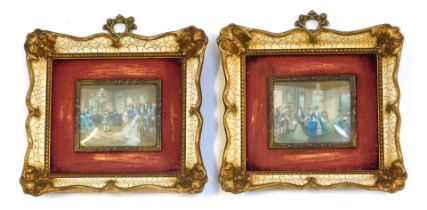 20thC School. Interior scenes depicting figures in 18thC dress, a pair, 5.5cm x 6.3cm.