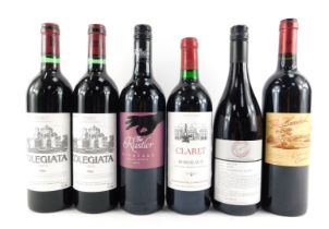 Six bottles of red wine, comprising Bordeaux Claret, The Hundred Cabernet Sauvignon 2004, Langhorne
