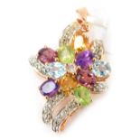 A Gems TV pendant, set with multicoloured stones in floral swirl, in rose gold coloured setting, sta