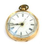 A late 19thC open face pocket watch, with bezel wind, yellow metal, stamped 14K, 5cm diameter.