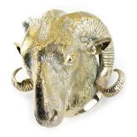 A 20thC silver plated cast brass wall mask modelled as a ram's head, 18.5cm high.