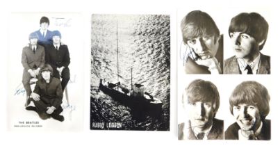 Two Beatles postcards, bearing facsimile signatures, together with a Radio London postcard, stating