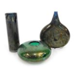 Three pieces of Isle of Wight glass, comprising a cylindrical vase, possibly Azurene, 14cm high, a s