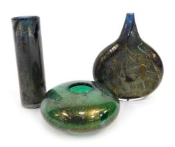 Three pieces of Isle of Wight glass, comprising a cylindrical vase, possibly Azurene, 14cm high, a s