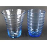 Two Whitefriars blue glass vases, of cylindrical form and inverted trumpet form, each with banded de