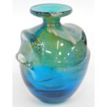 A Mdina 'Pulled Ear' glass vase, in blue with lime green interior decoration, indistinctly signed to