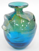 A Mdina 'Pulled Ear' glass vase, in blue with lime green interior decoration, indistinctly signed to