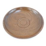 A Padauk shallow fruit bowl, decorated internally with connecting circle in varying woods, bearing l