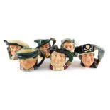 Six Royal Doulton character jugs, comprising Mark Twain D6694, D'Artagnan D6764, Mine Host D6410, To