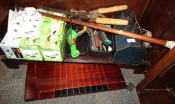 A Bosch grass and shrub trimmer, Halfords foot pump, metal tool box, etc. (a quantity)