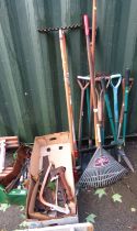 Various garden and other tools, to include rake, shovel, spade, axes, saws, garden forks, etc. (a qu