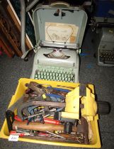 A cased typewriter, together with various tools, hammer, vices, etc. (a quantity)
