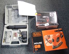 Various tools, comprising a Terratech cordless screwdriver, Black and Decker mouse and cased tool se