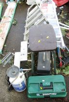 Various A frame step ladders, tools, weed sprayer, plastic tool boxes, etc. (a quantity)