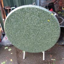 A garden table with simulated green marble circular top, metal base, the top 96cm diameter.