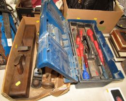 A group of wooden block planes, largest 55cm long, together with a Curver tool box, containing vario